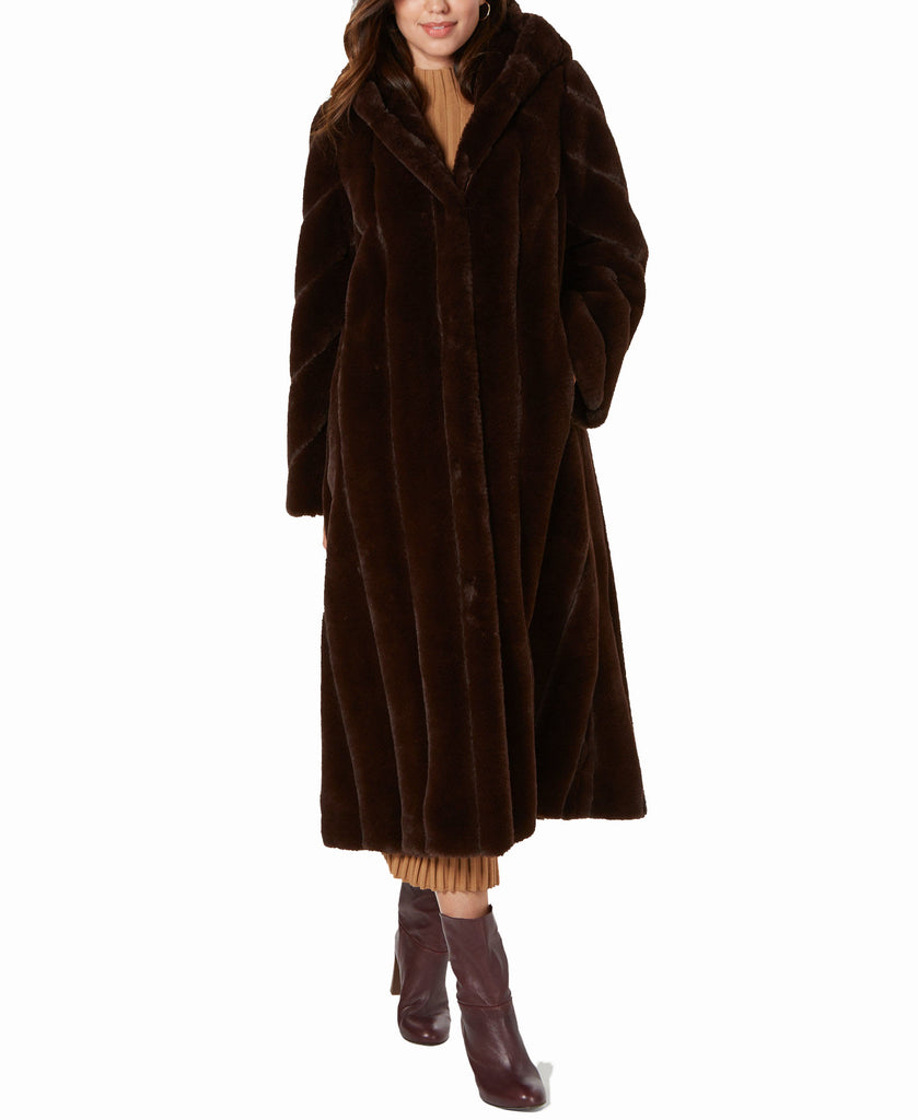 Jones New York Women Hooded Faux Fur Maxi Coat Brown