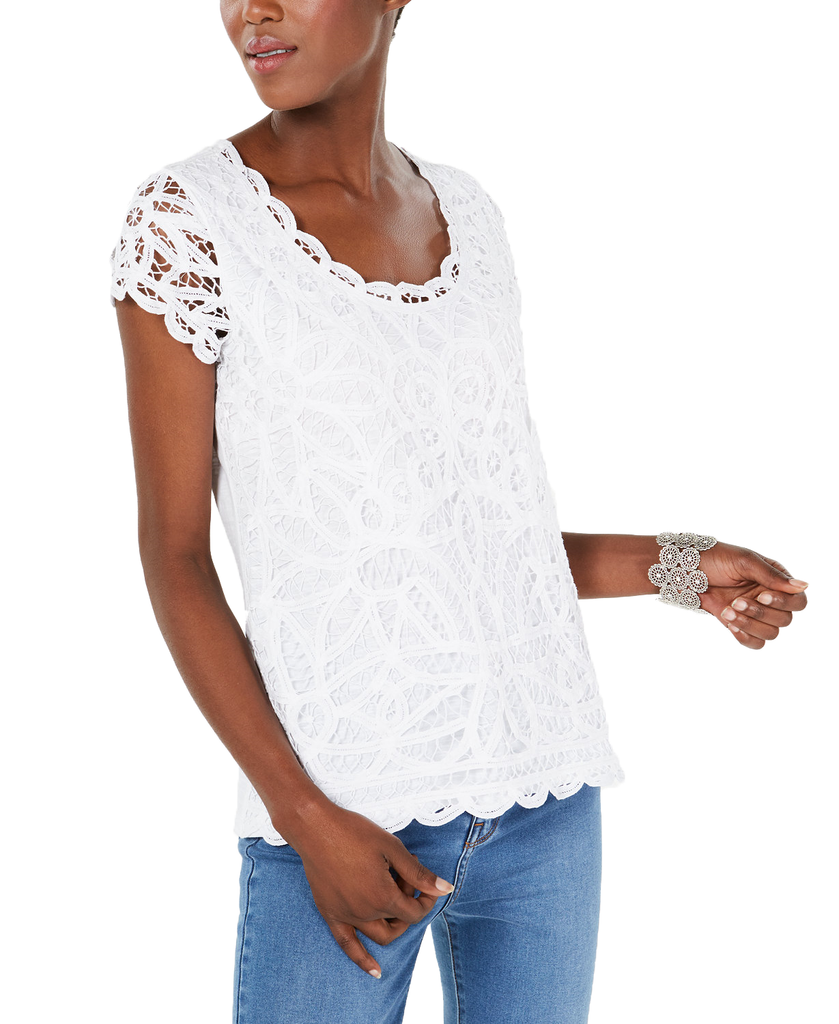 INC International Concepts Women Petite Cotton Lace Top Bright White