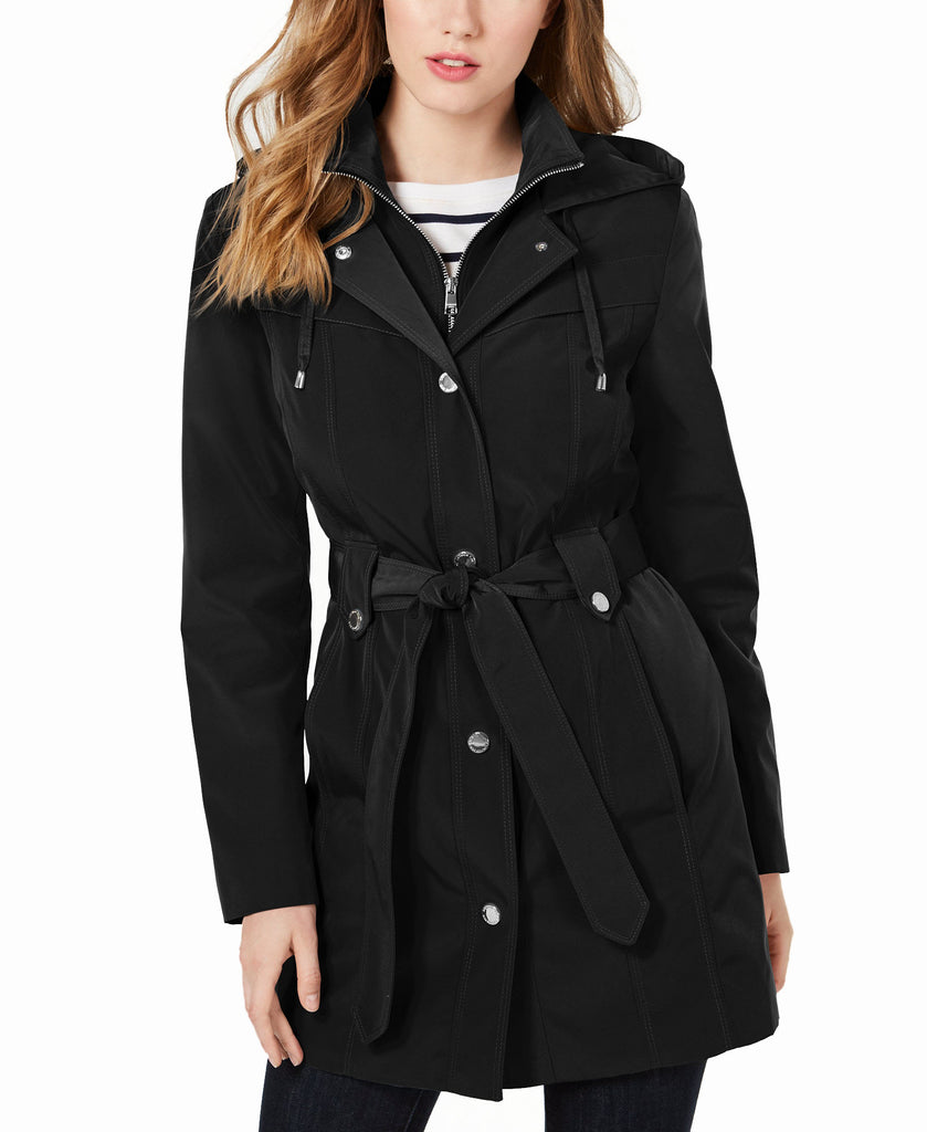 London Fog Women Front Zip Hooded Trench Coat Black