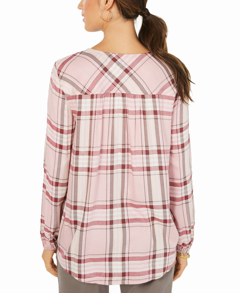 Style & Co Women Plaid Split Neck Top