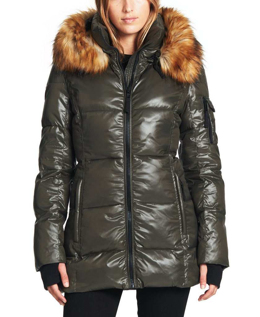 S13 Women Gramercy Down Puffer Coat with Faux Fur Trim Hood Dark Military