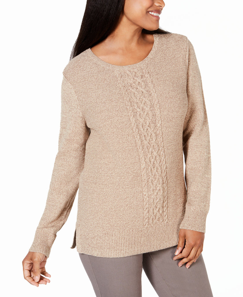 Karen Scott Women Cable Knit Panel Sweater Chestnut Marl