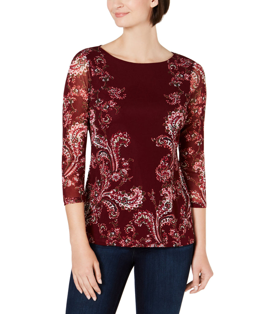 Charter Club Women Petite Floral Print Mesh Top Carriage Red Combo