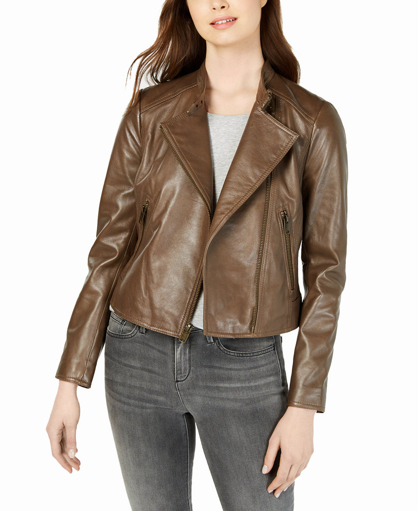 Marc New York Women Cropped Leather Moto Jacket Taupe