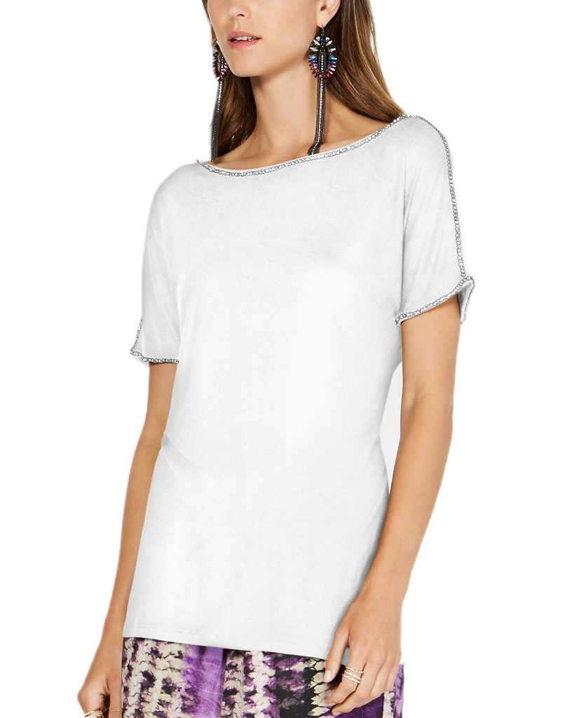 INC International Concepts Women Short Sleeve Jewel Embellished Top Bright White