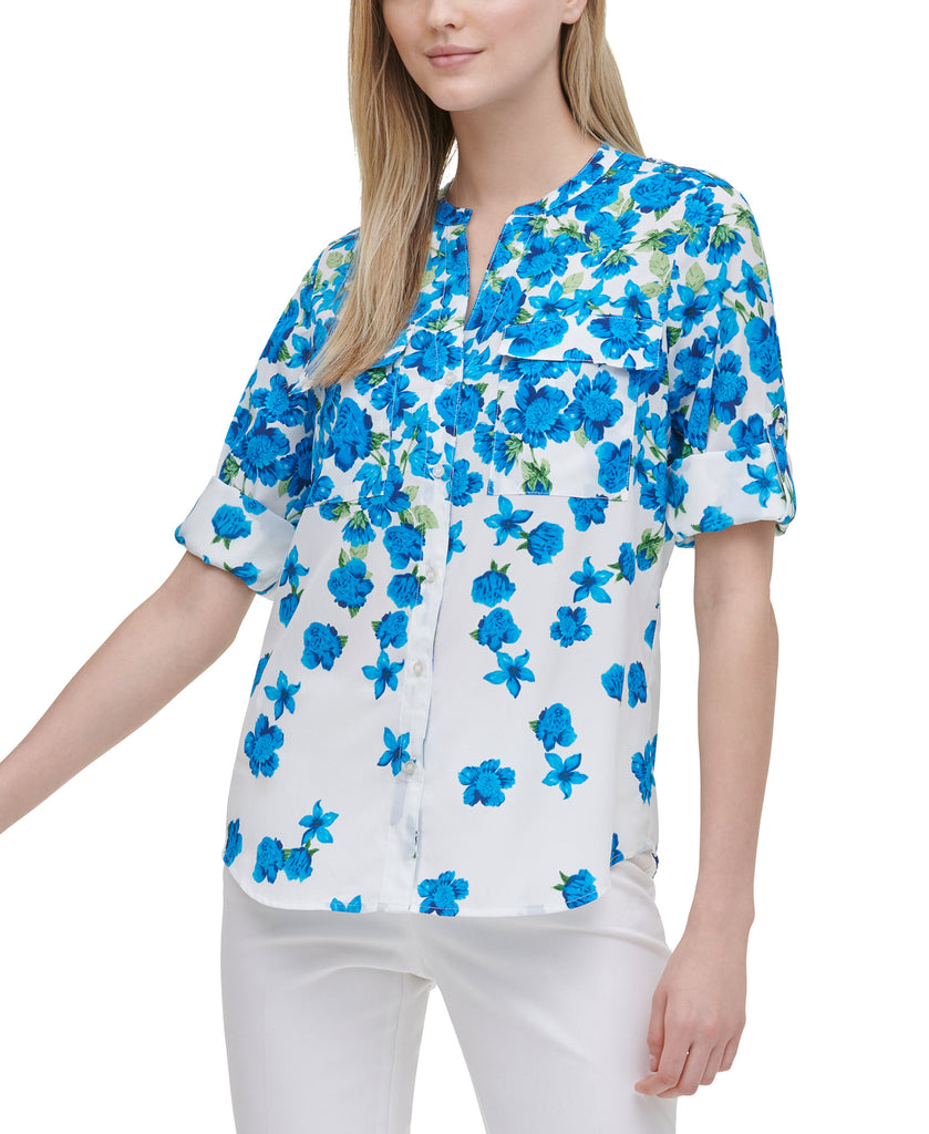 Calvin Klein Women Floral Print Collarless Shirt Ocean Combo