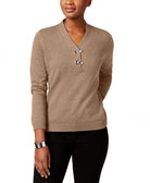 Karen Scott Women Petite Cotton Toggle Henley Sweater Chestnut Heather