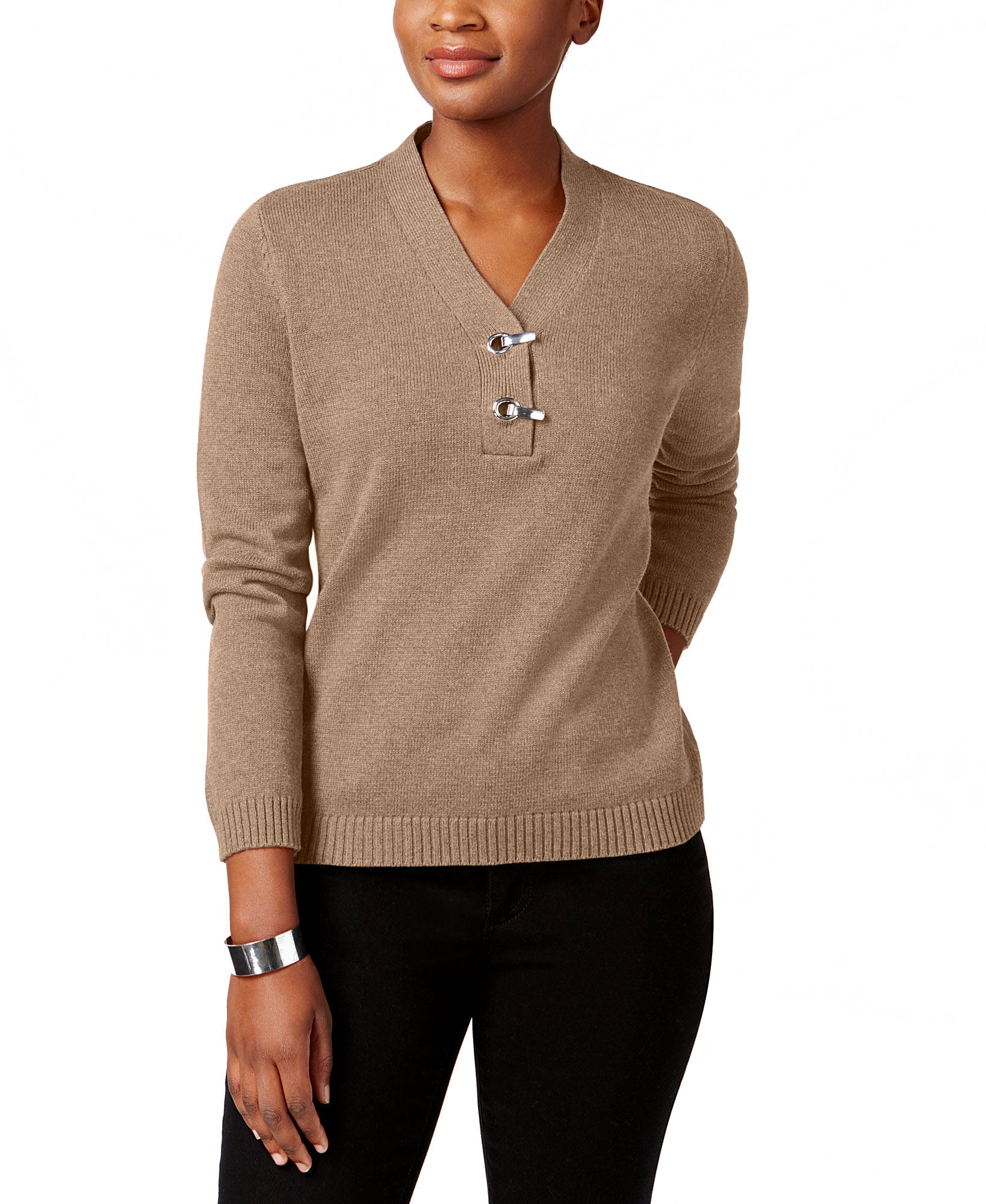 Karen Scott Women Petite Cotton Toggle Henley Sweater Chestnut Heather