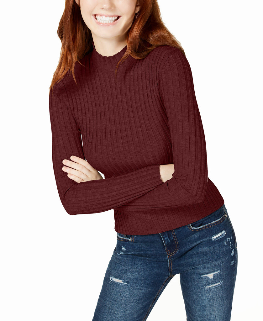 Hooked Up by IOT Women Rib Knit Mock Turtleneck Sweater Burgundy