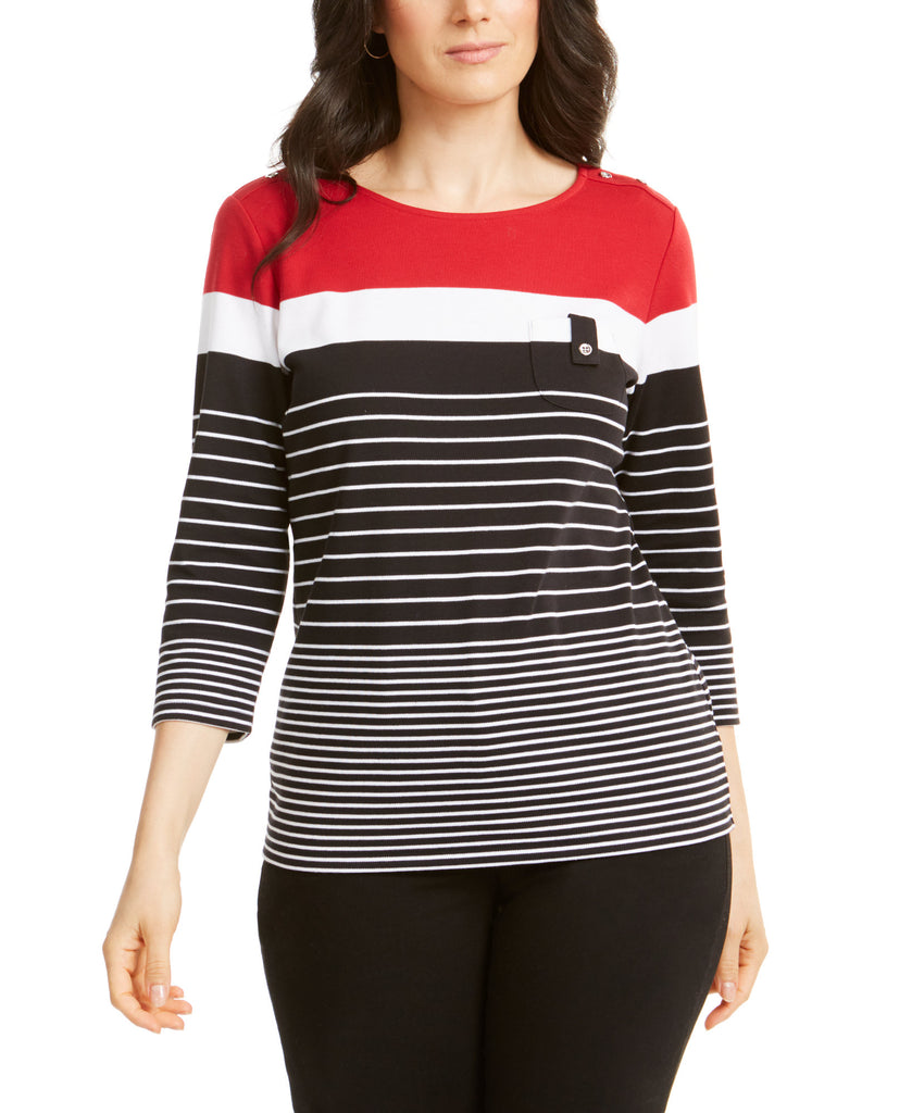 Karen Scott Women Sport Striped Button Shoulder Top New Red Amore