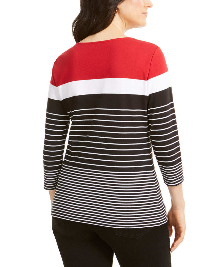 Karen Scott Women Sport Striped Button Shoulder Top