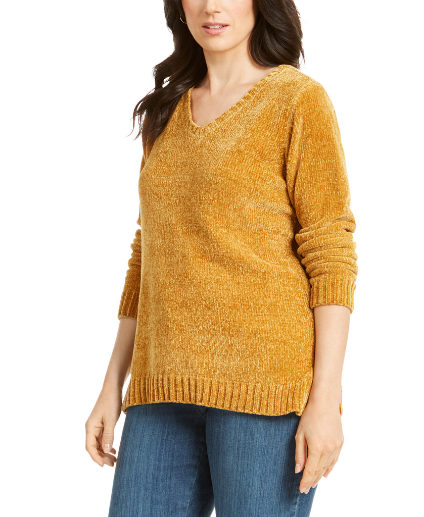 Karen Scott Women V Neck Chenille Sweater Golden