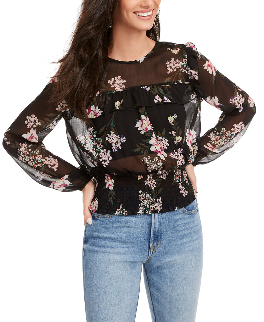 Love, Fire Women Printed Smocked Top Black Floral