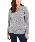Karen Scott Women Petite Hardware Trim Cotton Henley Sweater Winter White Marl