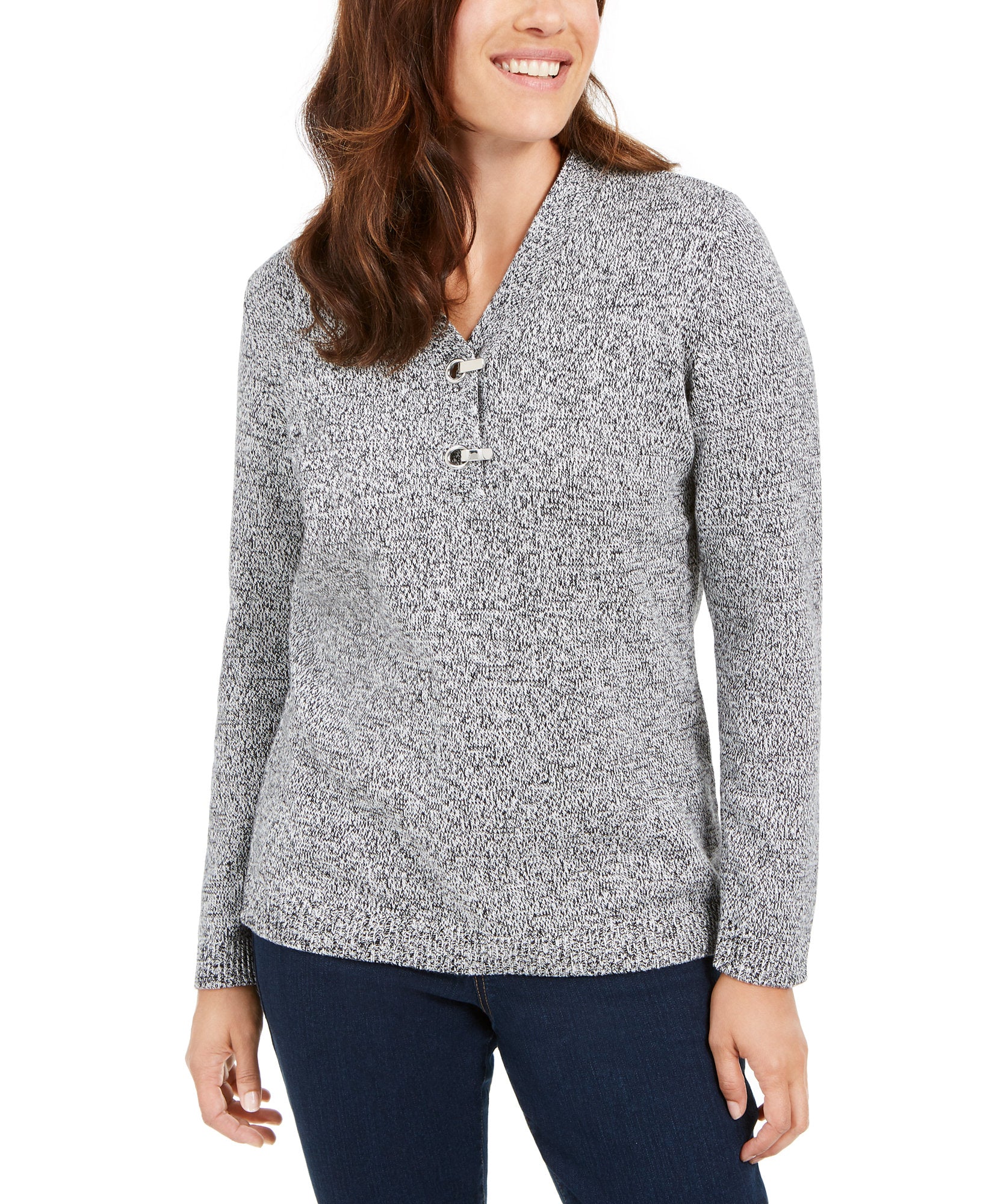 Karen Scott Women Petite Hardware Trim Cotton Henley Sweater Winter White Marl