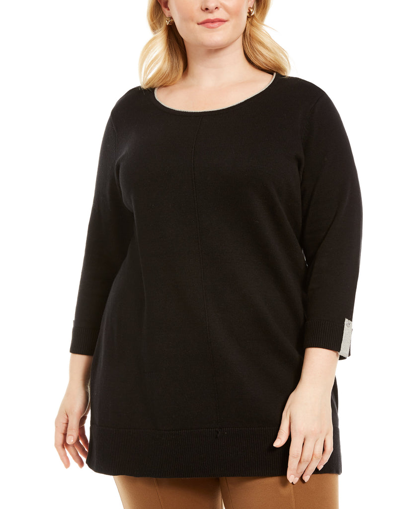 Karen Scott Women Plus Cotton Roll Neck Sweater Black