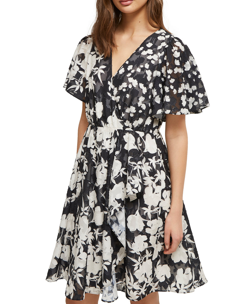 French Connection Women Flutter Sleeve Fit Flare Dress Black Classic Cream