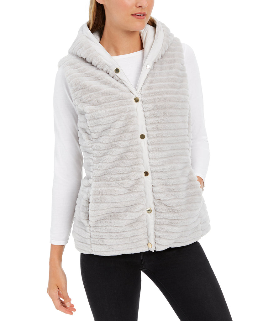 Charter Club Women Faux Fur Hooded Reversible Vest Dove Grey