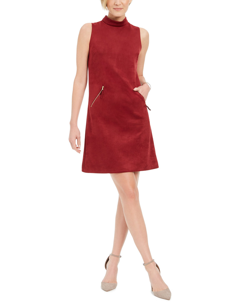 Donna Ricco Women Faux Suede Mock Neck Sheath Dress Wine