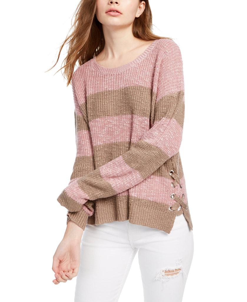 Hippie Rose Women Lace Up Sweater Pink Taupe