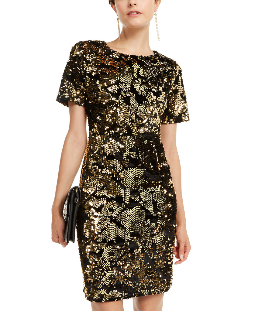 INC International Concepts Women Velvet & Sequin Dress Gold 