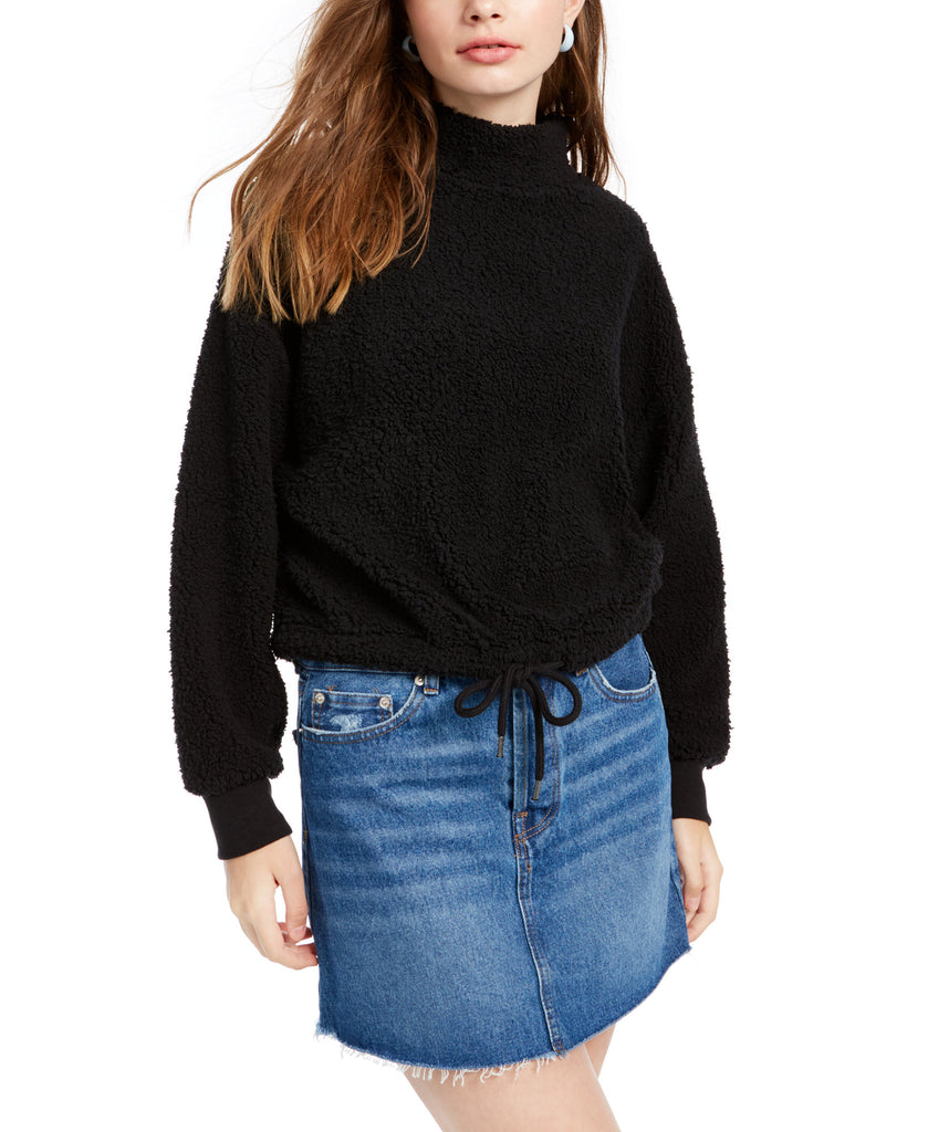 Hippie Rose Women Mock Neck Sherpa Pullover Black