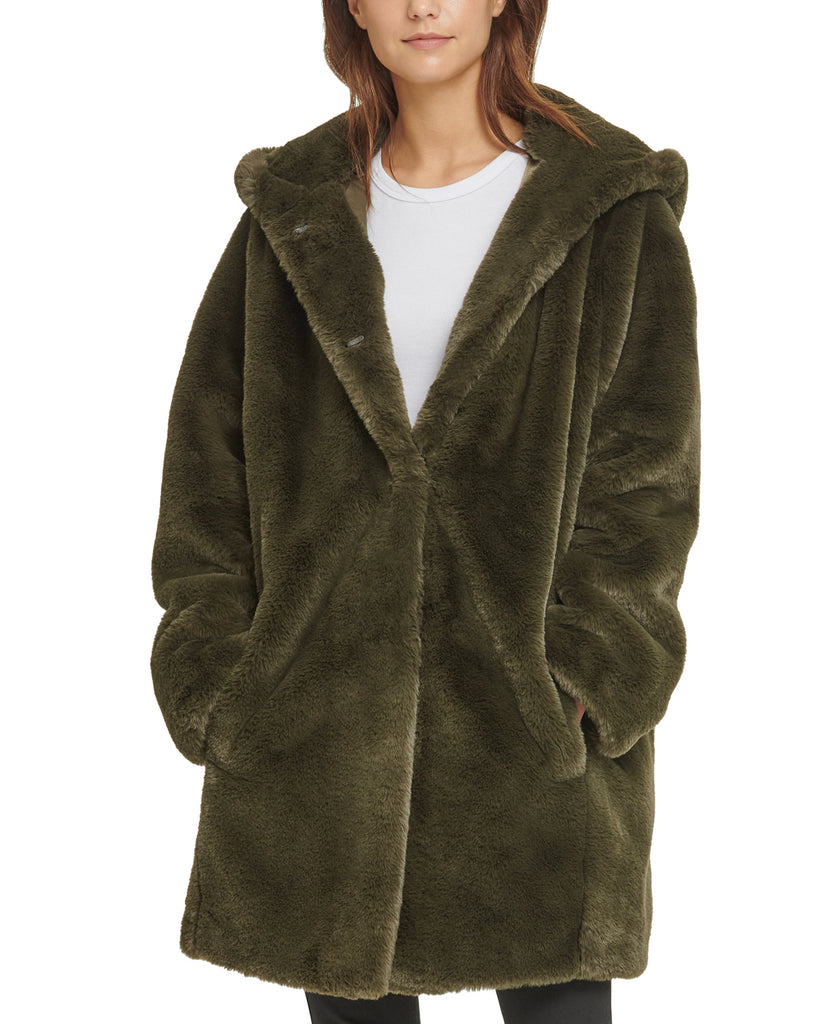 DKNY Women Hooded Faux Fur Coat Loden