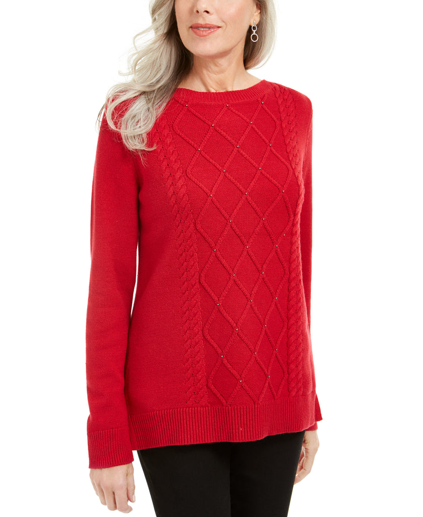 Karen Scott Women Cable Knit Beaded Sweater New Red Amoure