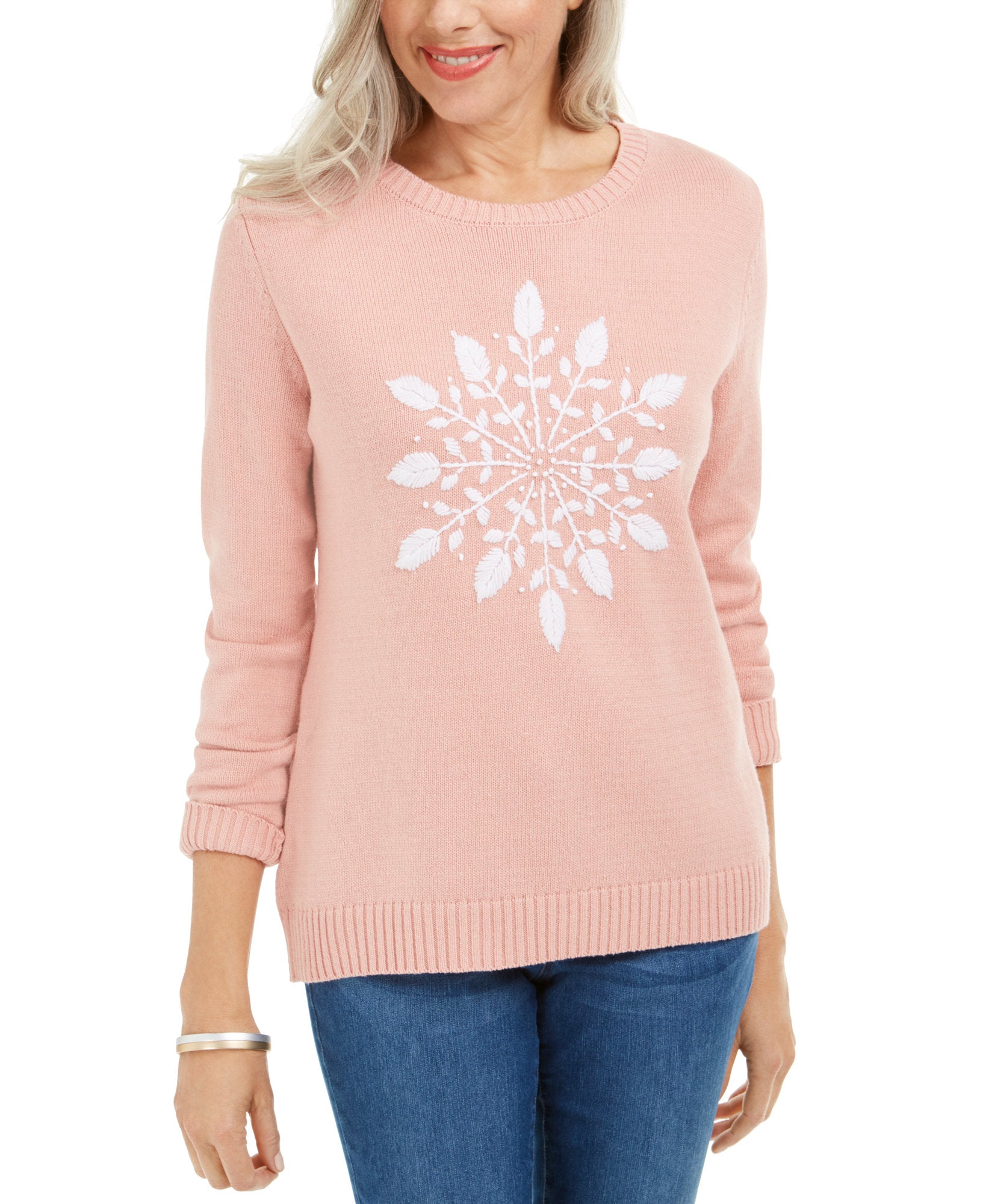 Karen Scott Women Snowflake Appliqué Sweater Tea Rose Combo