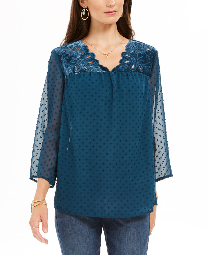 Style & Co Women Mixed Media Sheer Sleeve Blouse Eyelet Kale Green