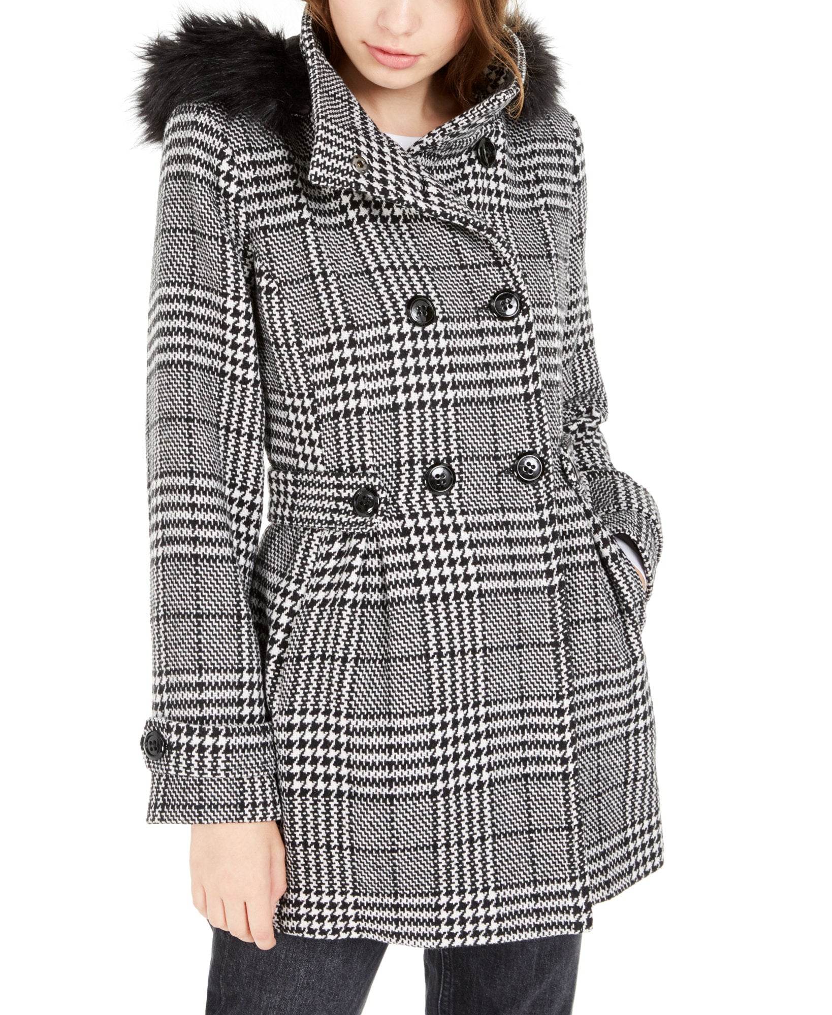 BCX Juniors' Faux-Fur Trim Plaid deals Coat Sm