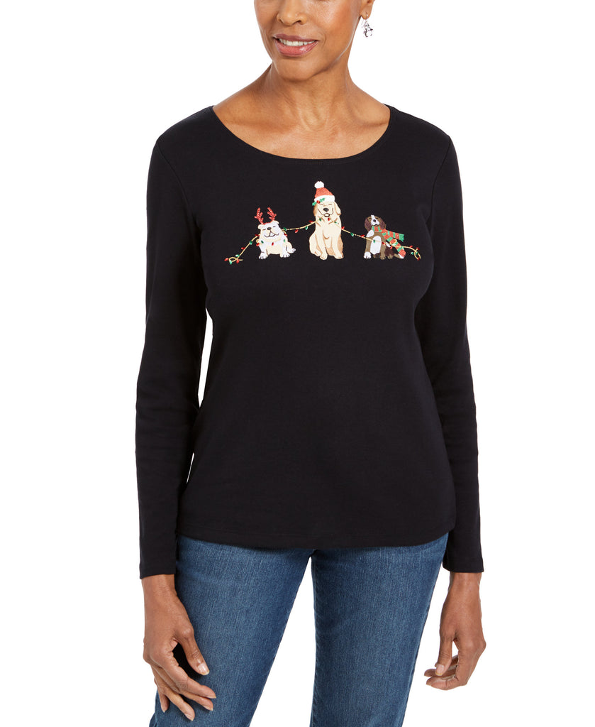 Karen Scott Women Embroidered Holiday Dog Shirt Deep Black