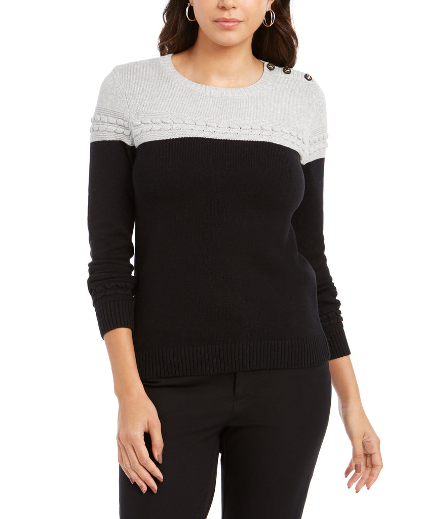 Charter Club Women Metallic Colorblocked Crewneck Sweater Silver Tin Combo