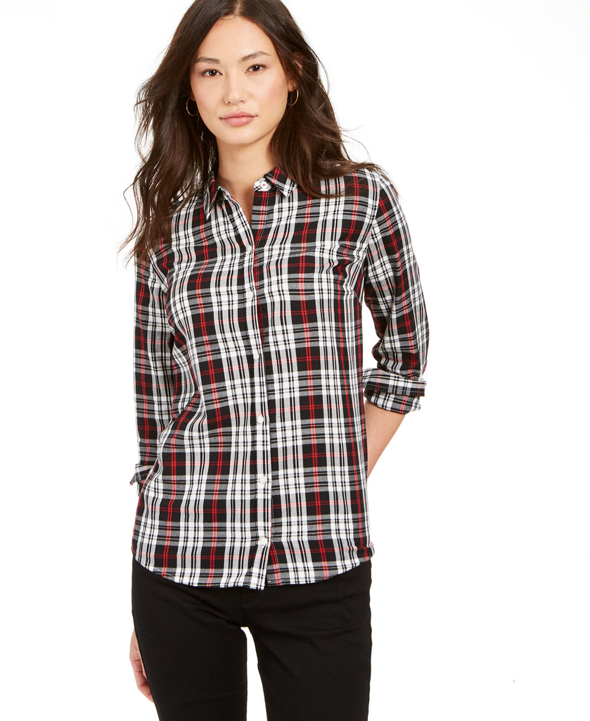 Charter Club Women Petite Plaid Cotton Button Up Shirt Deep Black