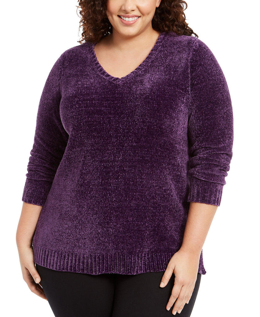 Karen Scott Women Plus V Neck Chenille Sweater Purple Dynasty