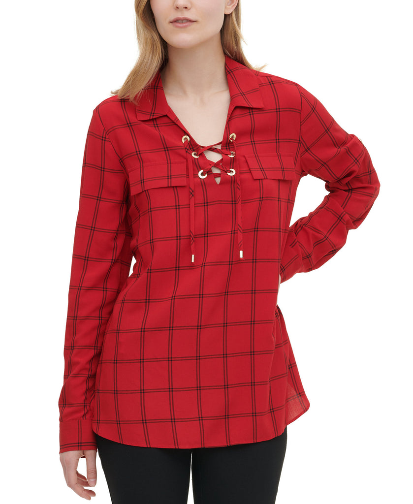 Calvin Klein Women Windowpane Print Lace Up Top Medium Red