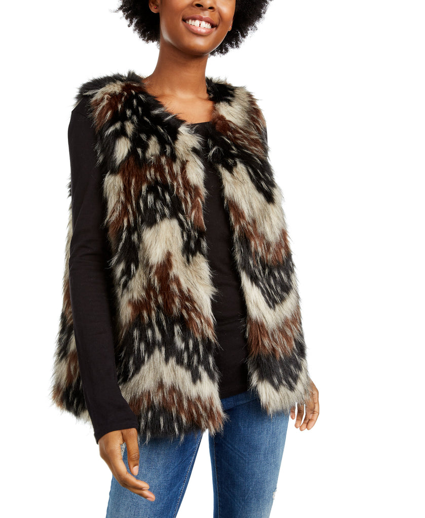 Say What Women Faux Fur Vest Brown Multi