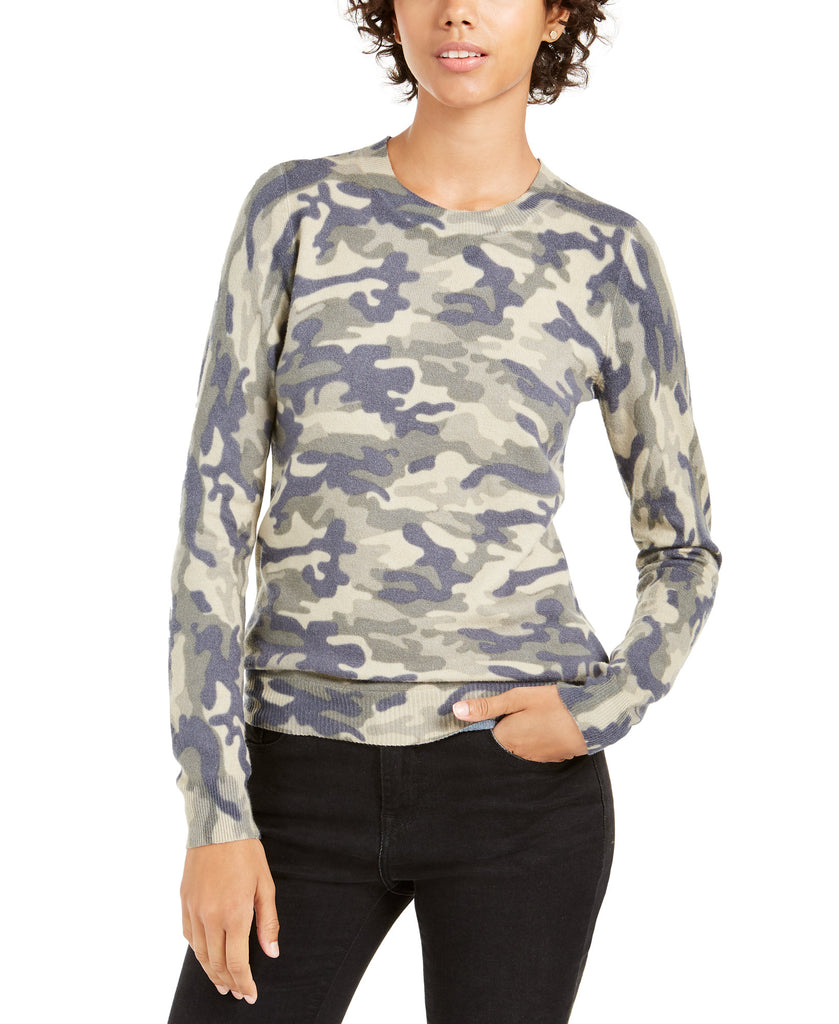 Planet Gold Women Camo Crew Neck Sweater Olive Camo