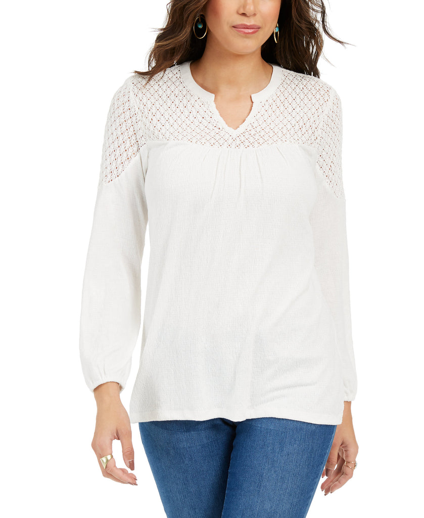 Style & Co Women Crochet Yoke Top Warm Ivory