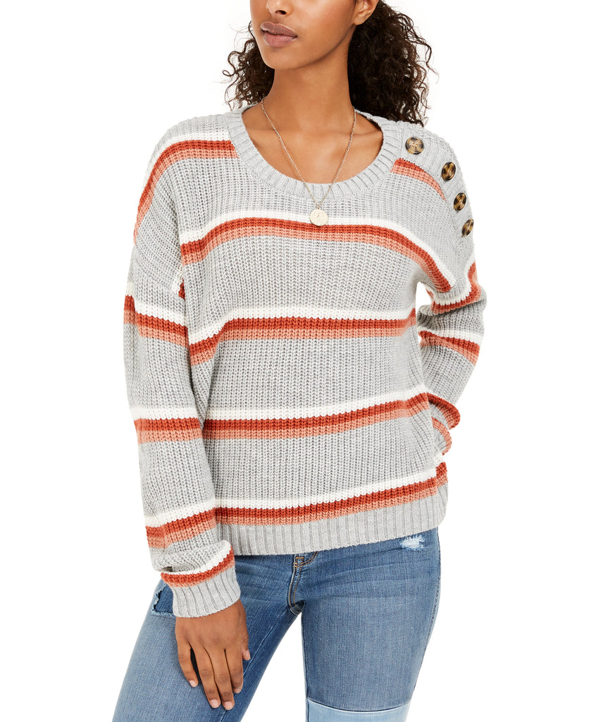 Hippie Rose Women Button Shoulder Sweater Grey Apricot Stripe