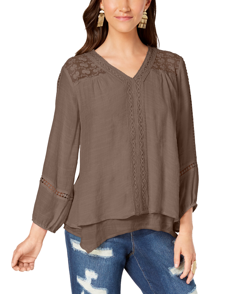 Style & Co Women Lace Yoke Handkerchief Hem Top Birdsnest