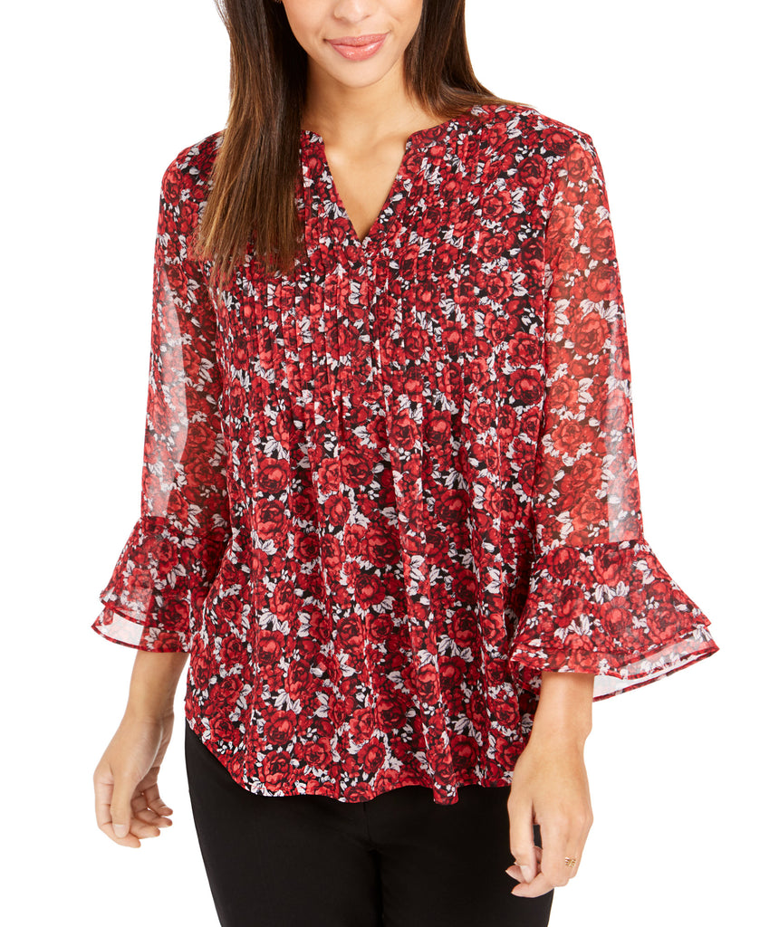 Charter Club Women Floral Pintuck Top Ravishing Red Combo