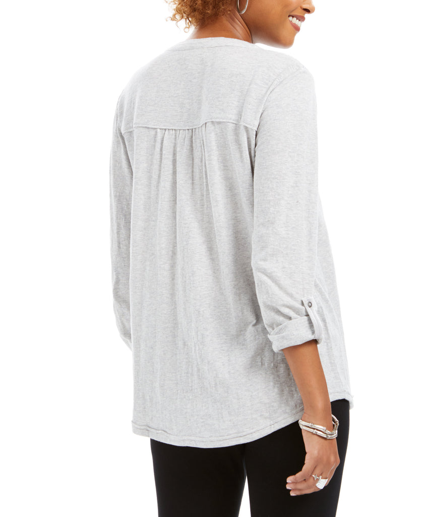 Style & Co Women Embroidered Yoke Roll Tab Sleeve Top