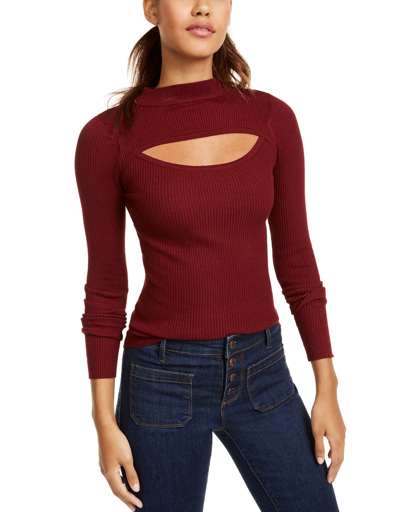 Planet Gold Women Cutout Mock Neck Sweater Wine Tasting