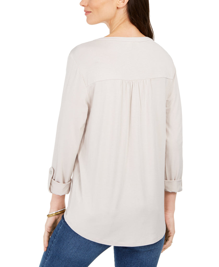 Style & Co Women Split Neck Roll Tab Sleeve Top