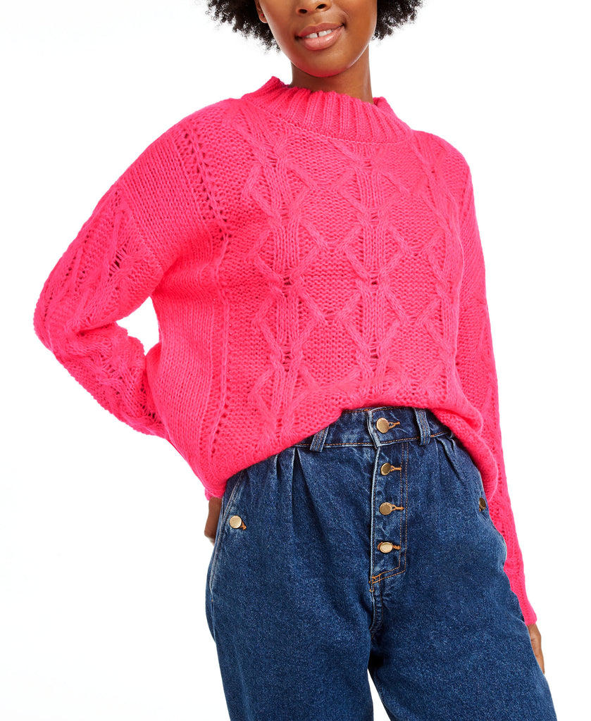 Hooked Up by IOT Women Cable Knit Sweater Retro Hot Pink