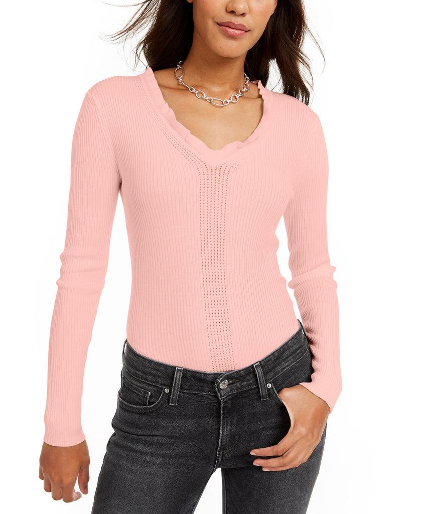 Hooked Up by IOT Women Ruffled V Neck Sweater Pink