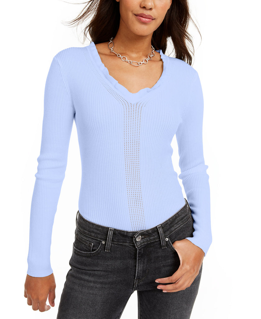 Hooked Up by IOT Women Ruffled V Neck Sweater Another Blue