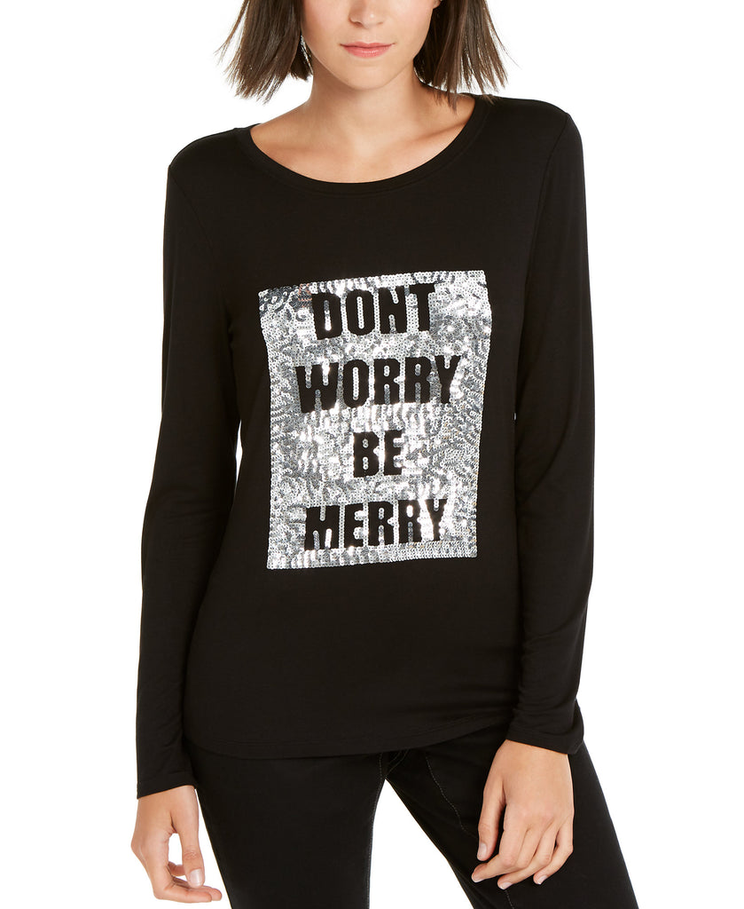 INC International Concepts Women Sequined Be Merry Top Deep Black