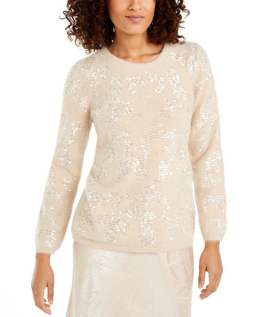 Alfani Women Embellished Eyelash Sweater Cocoa Butter